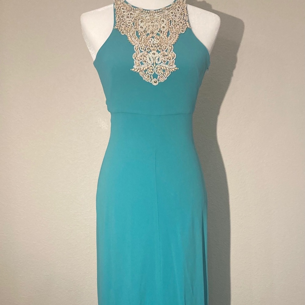 Teal floor-legnth beaded cross-back dress